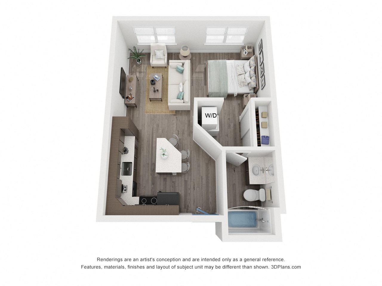 Floor plan for studio, 1 bath, 537 sqft